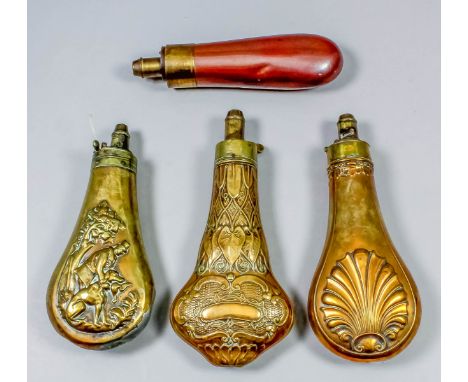 A late 19th Century G. & J.W. Hawksley pressed brass powder flask, decorated all over with leaves and stylised ornament, 8ins