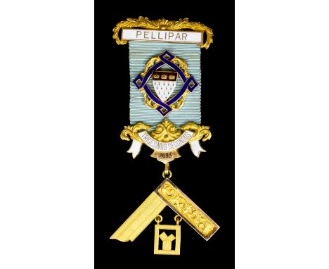 A 9ct gold and enamel Masonic Past Master's Jewel from  Pellipar Lodge No. 2693, suspended from a 9ct gold and enamel bar, en