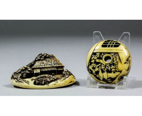 A Japanese carved ivory netsuke in the form of a landscape scene with a house, pine cone trees and figures, 2.5ins (6.4cm) x 