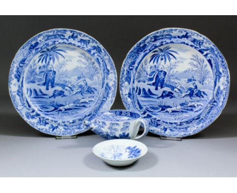 A pair of Spode "Indian Sporting" Series blue printed pottery plates - "Death of the Bear", circa 1815, 9.875ins diameter (pr