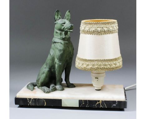 After Maximilien Louis Fiot (1886-1953) - Art Deco bronzed spelter figure of a seated Alsatian, on tri-colour polished marble