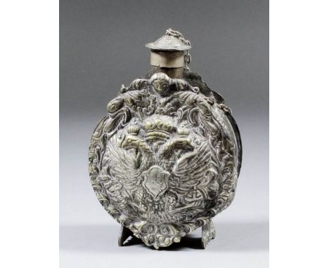 A plated brass Imperial Russian powder flask cast with the double headed eagle to both sides, further foliate decoration, 5in