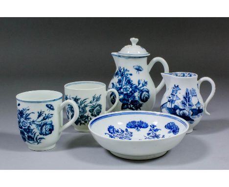 An 18th Century Lowestoft blue and white cream jug painted with pavilions on rocky island, 3.25ins high, a Worcester blue and