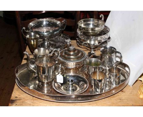 Collection of silver plate including tray, teapot, two handled bowls, trophy, etc.