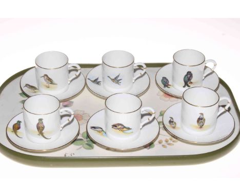 Set of six Royal Worcester coffee cans and saucers decorated with birds.