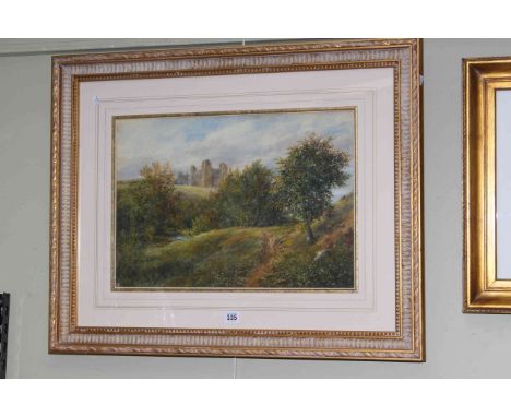 K. Wood, Woodland Stream with Castle in the Background, watercolour, signed and dated 1885 lower right, 34cm by 50cm in glaze