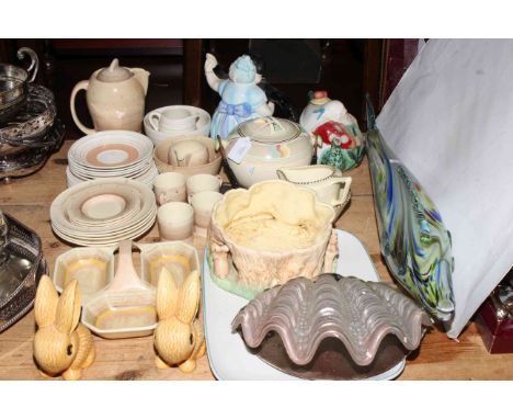Susie Cooper coffee set, circa 1950's glass fish, Sylvac rabbits and planter, Crown Ducal, novelty teapots, wall light, etc.
