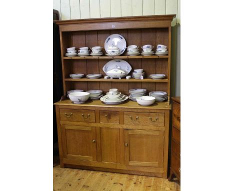 Oak shelf back three door dresser, 197cm by 155cm.