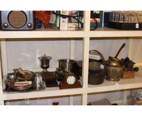 Large shelf collection of metalwares, cased cutlery, mantel clock, maps, tools etc.