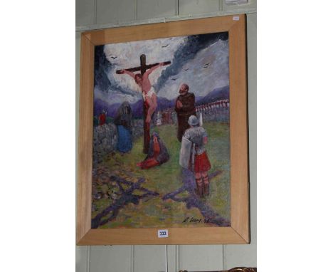 Reginald Kray, The Crucifixion, oil on board, signed and dated 98 lower right, 60cm by 45cm, in light wood frame, with prison