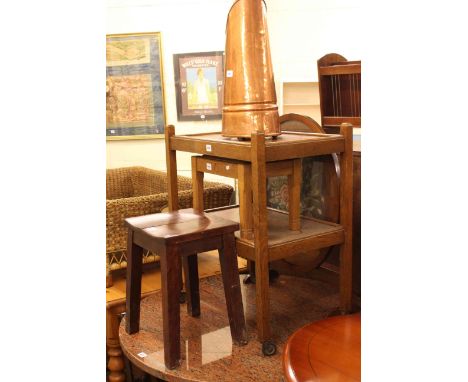 Oak dinner wagon, convertible table-screen, two stools, folding card table and copper coal hod (6).