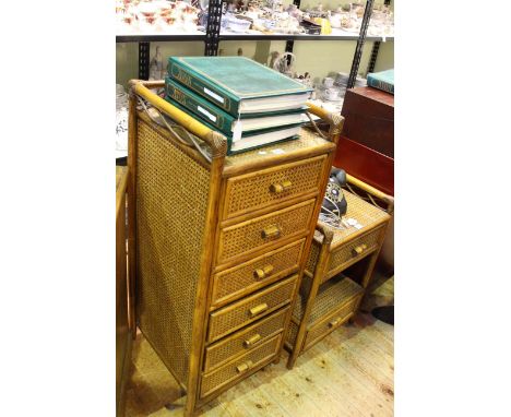 Wicker and bamboo simulated six drawer chest and matching two drawer lamp table.