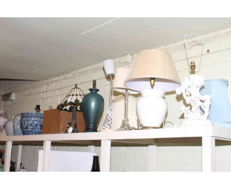 Collection of table lamps and planters including a Tiffany style lamp.