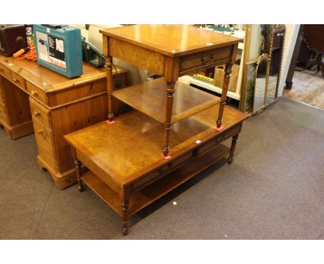 Rectangular burr walnut and chequered two drawer coffee table and matching lamp table.