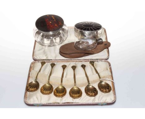 Edwardian silver oval ring box, London 1903, silver and tortoiseshell lidded powder bowl, small flask and cased gilt dessert 