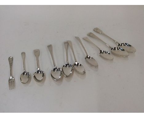 A pair of George III "Old English" pattern table spoons, monogrammed, London 1803; various other Georgian and later silver ta