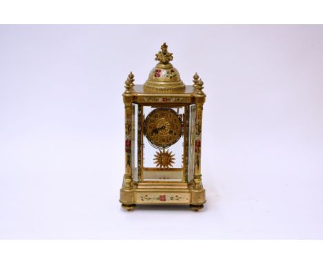 A late 19th Century French gilt metal and enamel decorated four glass mantel clock, having chinoiserie decoration, surmounted