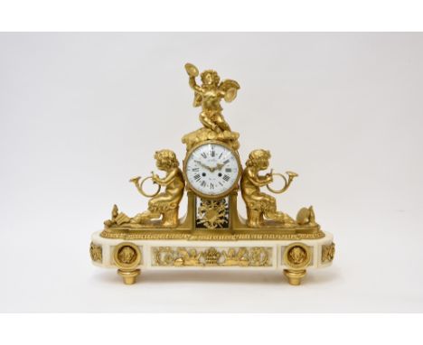 A 19th Century French ormolu and marble mantel clock, by Millet of Paris, figural decoration of Putti playing the cymbals, 8 