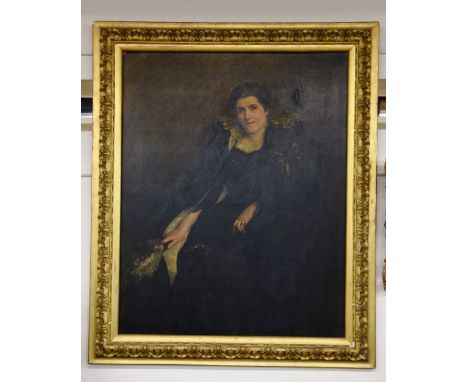 Herbert Arnould Olivier 1861-1952, a portrait of Mrs Barclay Peat, seated three quarter length in black gown with lace and se