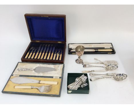 A collection of various plated ware, to include a cased set of six each fruit knives and forks with ivorine handles; a silver