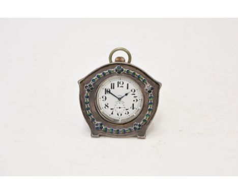 An eight day repeater Goliath pocket watch, contained in a silver and enamel decorated easel frame, by Liberty & Co. Hallmark