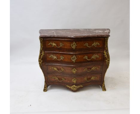 A Louis XVI style king wood and rose wood cross-banded serpentine bombe shaped  commode, surmounted by a veined marble top ab