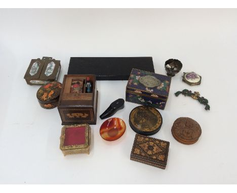 A 19th Century papier mâché box, decorated with a shipwreck scene; an oriental cloisonné box and cover; a Tunbridge ware styl