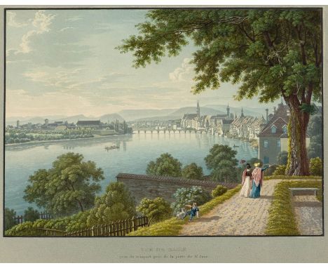 BASEL.-Vue de Basle, prise du rempart près de la port de St. Jean. Um 1840.Altkolorierte Aquatintaradierung.Unterhalb der Dar