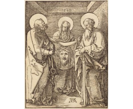 ALBRECHT DÜRER(1471 Nürnberg 1528)Veronika zwischen den Heiligen Peter und Paul. Blatt 23 der Folge: Kleine Passion.Holzschni