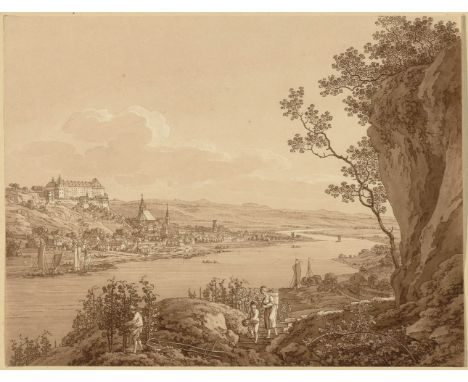 ADRIAN ZINGG(St. Gallen 1734 - 1816 Leipzig)Pirna und Schloss Sonnenstein an der Elbe.Umrissradierung, braun laviert.17,3 x 2