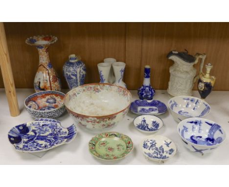 Two First Period Worcester saucers, together with a quantity of decorative Continental and Chinese ceramics, tallest 30cm