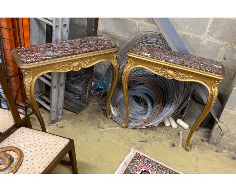 A pair of late 19th century French carved giltwood marble top console tables, width 80cm, depth 29cm, height 87cm