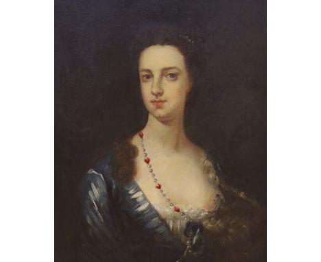 Follower of Sir Godfrey Kneller (1646-1723), oil on canvas, Portrait of a lady wearing a gem set necklace, 60 x 50cm