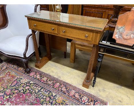 A reproduction banded mahogany two drawer console table, width 102cm, depth 38cm, height 92cm