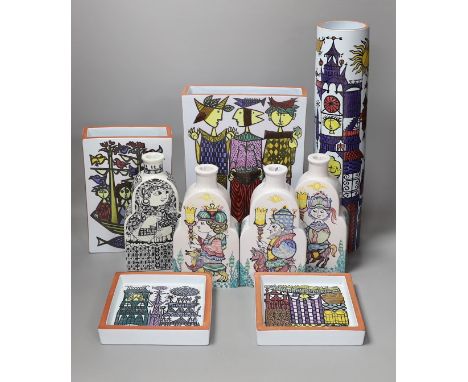 Four assorted Bjørn Wiinblad ceramic candlesticks, three Stig Lindberg vases and two dishes, tallest 40cm, (9)