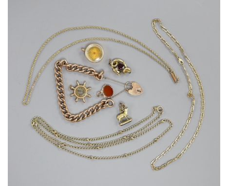 A 9ct hollow curb link rose gold bracelet with heart shaped padlock clasp, 14.6 grams, a 9ct rope twist chain, 7.8 grams, a y