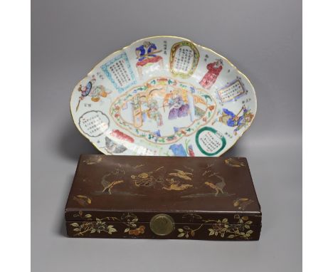 A Chinese Canton oval footed dish, 36cm wide, and a Japanese box with floral decoration and intertwining scroll hinge