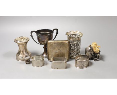 Sundry small silver including a late Victorian silver mounted pepper grinder, a paired silver vase, two handle trophy cup and