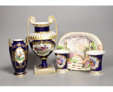 A selection of English china, to include a pair of Chamberlains Worcester spill vases, a Spode two handled vase, a Minton vas