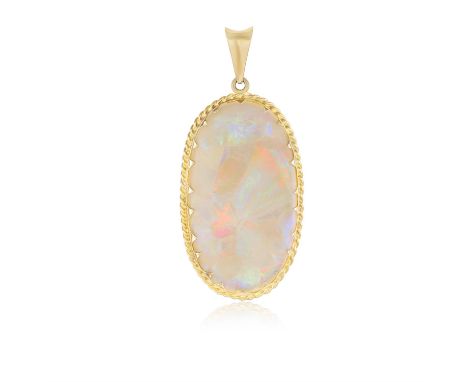 AN OPAL PENDANTSet with an oval-shaped opal, within a scrolled border, mounted in gold, length 6.8cm Condition Report:  The w
