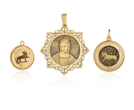 A GOLD PENDANT AND TWO ZODIAC PENDANTSThe first depicting Virgin Mary within a round frame, to an outer openwork foliate bord