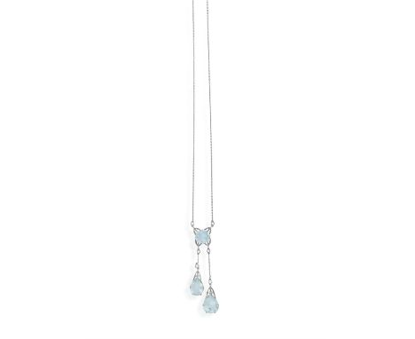 An Early 20th century, aquamarine pendant necklaceComprising a central, cushion-cut aquamarine, suspending two asymmetrical p