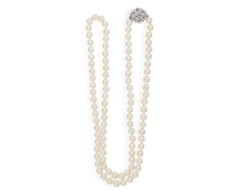 A CULTURED PEARL AND DIAMOND NECKLACE, CIRCA 1960Composed of a single strand of round-shaped cultured pearls of cream tint, m