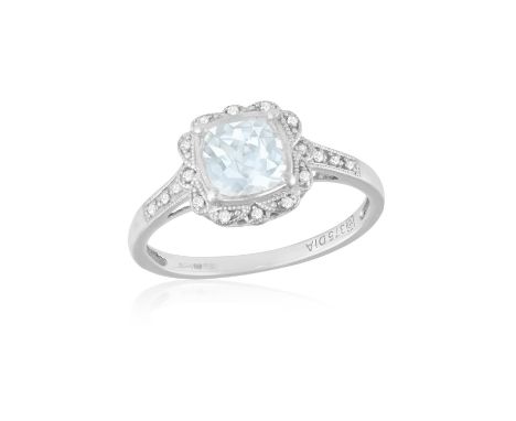 AN AQUAMARINE AND DIAMOND RINGSet with a square-shaped aquamarine, in a raised gallery, to a millegrain-set single-cut diamon