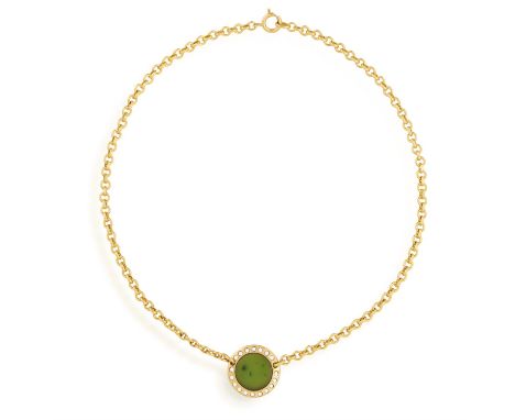 A NEPHRITE AND DIAMOND PENDANT NECKLACEThe circular motif set with a polished round nephrite disc, within a surround of singl