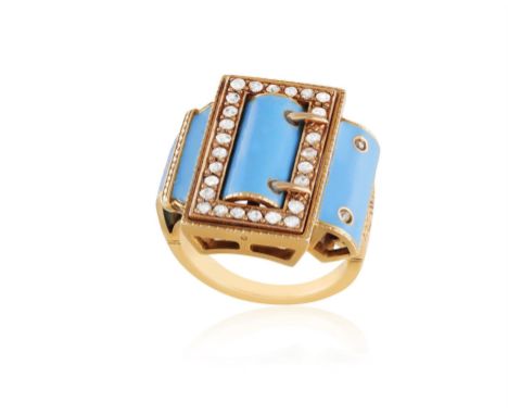 AN ENAMEL AND DIAMOND RINGOf buckle-design, applied with turquoise enamel and set with old-cut diamonds, shoulders with engra