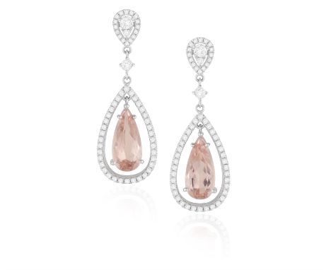 A PAIR OF MORGANITE AND DIAMOND PENDANT EARRINGSEach openwork mount claw-set with a pear-shaped morganite, within a brilliant