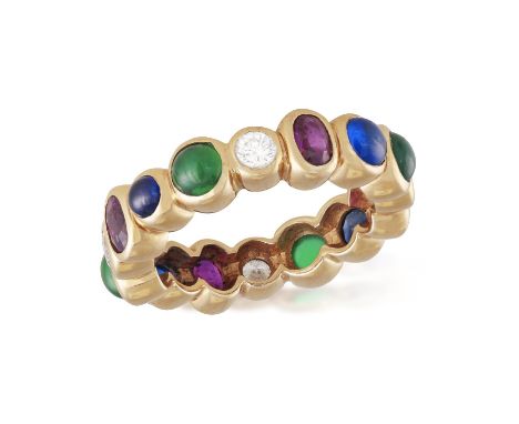A GEM-SET AND DIAMOND RINGOf eternity design, collet-set with cabochon green chalcedony, circular-cut sapphire, oval-shaped r