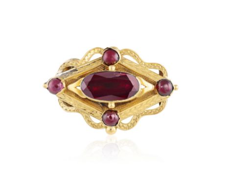 A VICTORIAN GARNET PENDANT/BROOCHOf lozenge-shape design, set to the centre with an oval-shaped garnet, cabochon garnets at e