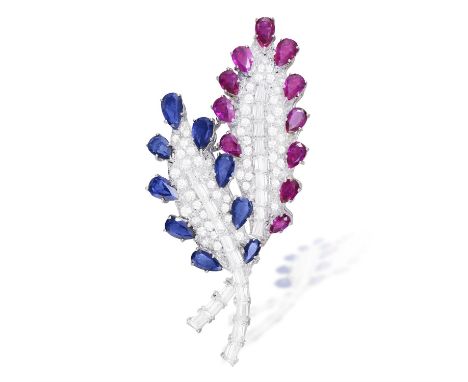 A SAPPHIRE, RUBY AND DIAMOND BROOCH, CIRCA 1960Designed as two leaves, pavé-set with single-cut diamonds, its stamen set with